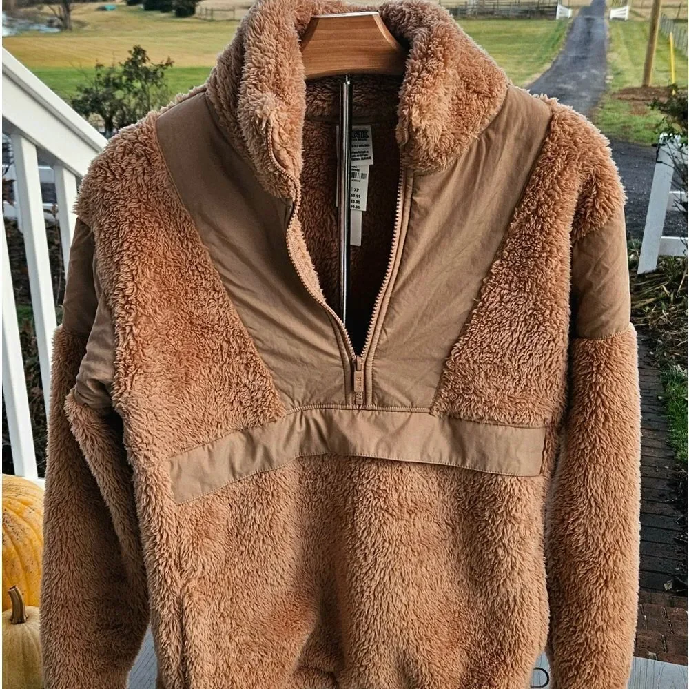 Victoria's Secret PINK COZY HALF ZIP TEDDY PULLOVER SHERPA TAN NEW MSRP $69.95
